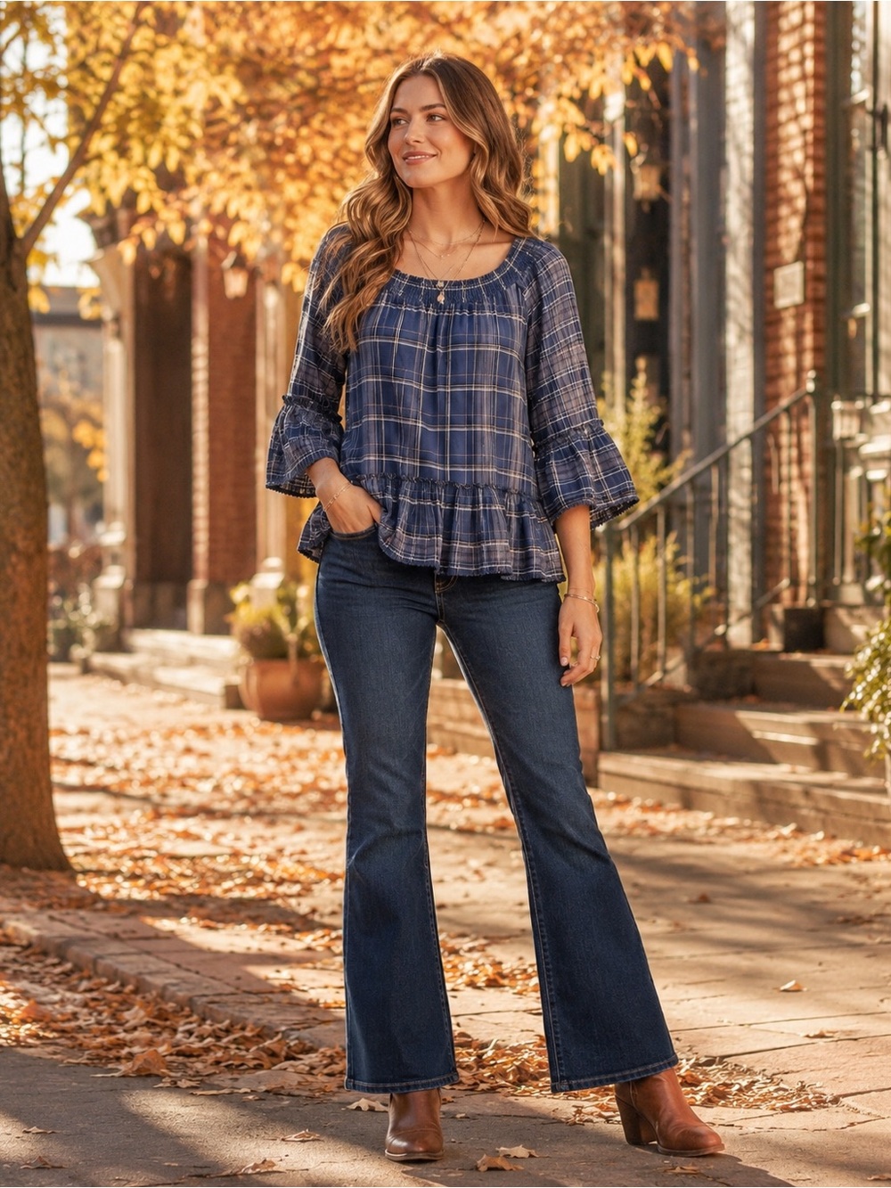 Democracy Blue Plaid Smocked Neck Peasant Top Bell Sleeve Boho M